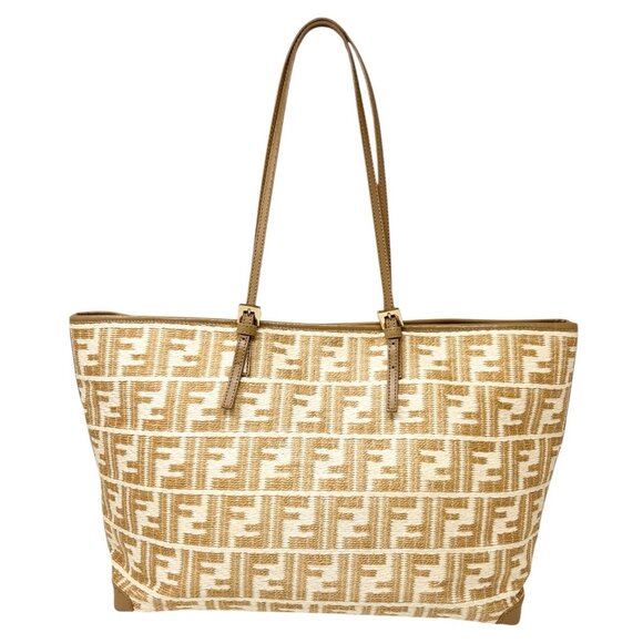 FENDI Vintage Zucca Straw Shoulder Tote Bag Beige Cream FF Logo Raffia [105689] - Picture 5 of 14